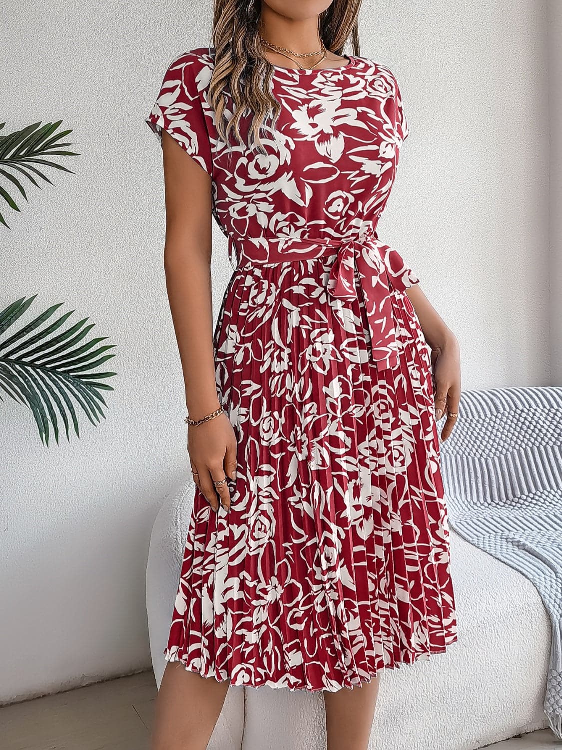 Tied Pleated Printed Short Sleeve Dress.