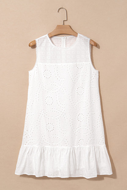 White Floral Eyelet Embroidered Sleeveless Shift Dress for Summer