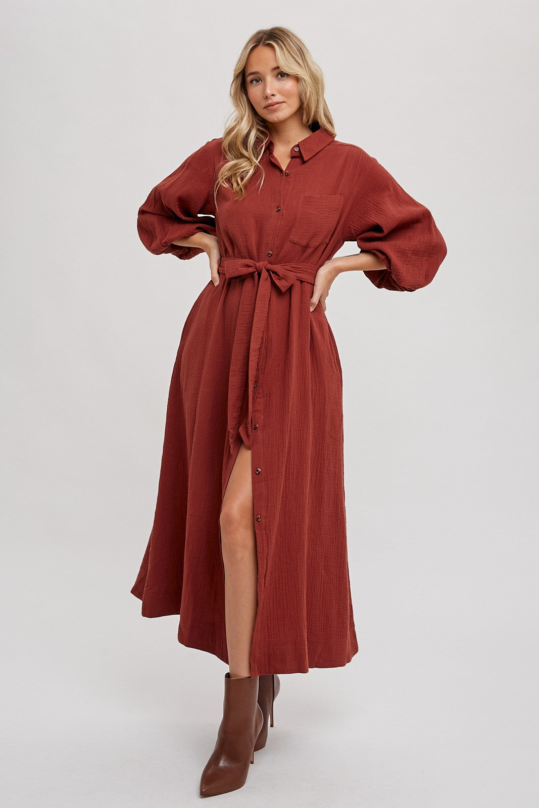 Rust Gauze Belted Shirt Midi Dress PinkBlush