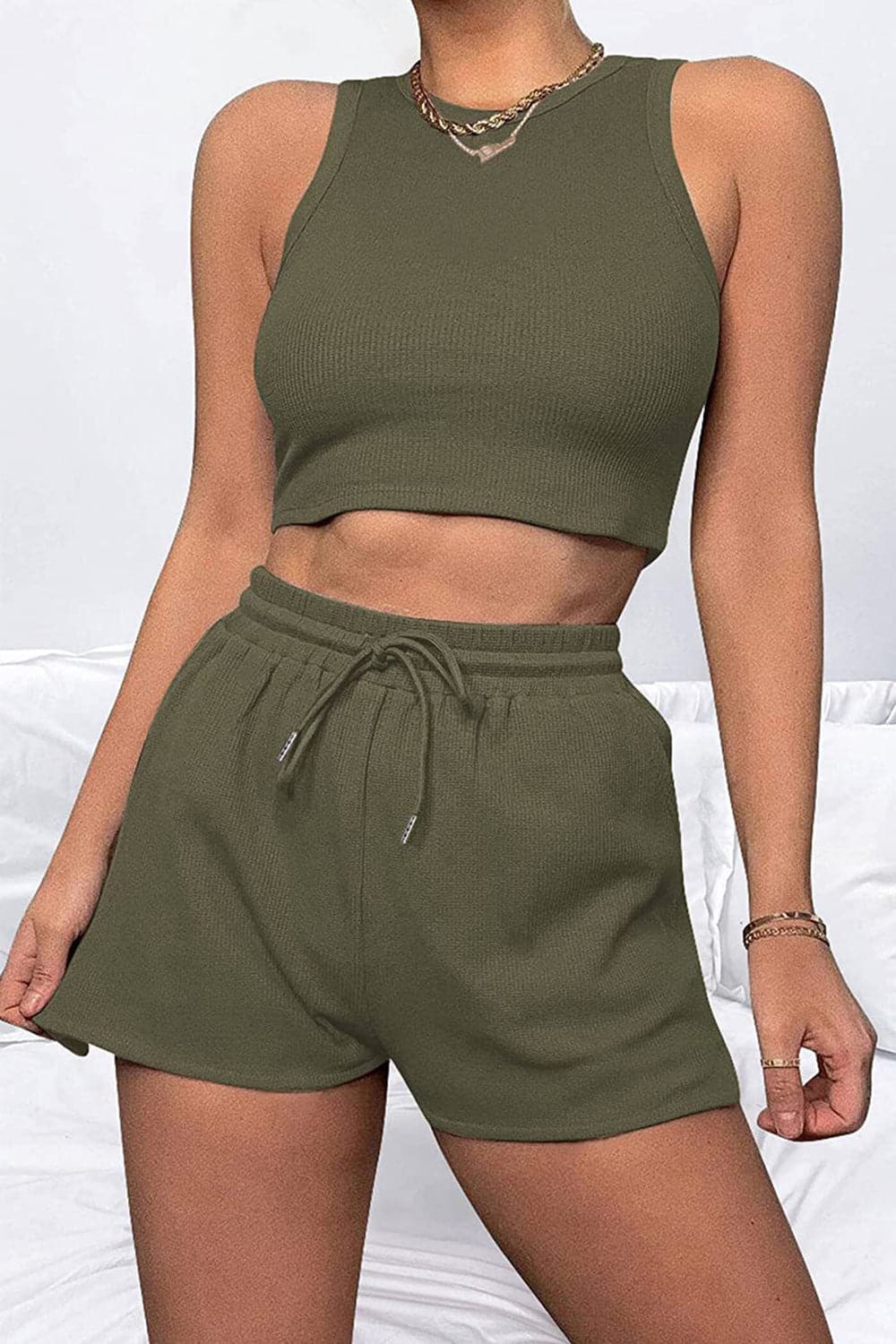 Round Neck Top and Drawstring Shorts Set.