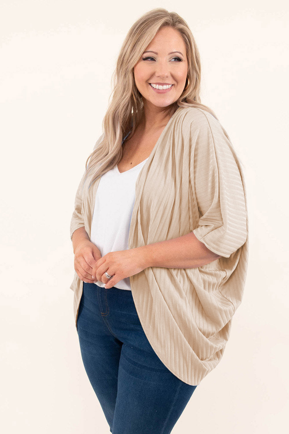 Apricot shimmer ribbed texture cardigan for plus sizes