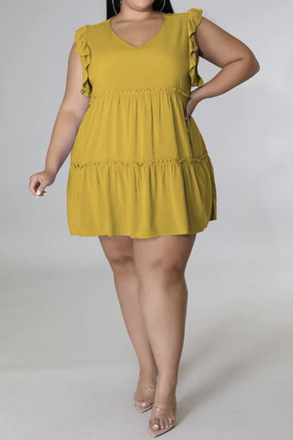 Plus Size V-Neck Frill Trim Mini Dress.