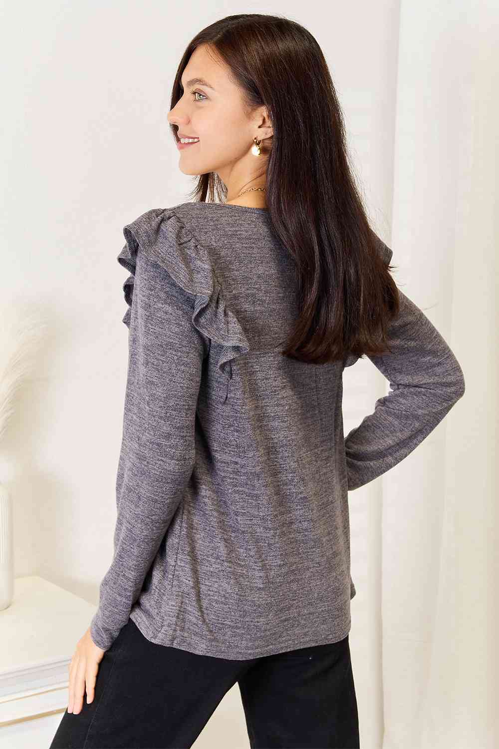Double Take Square Neck Ruffle Shoulder Long Sleeve T-Shirt - Love Salve