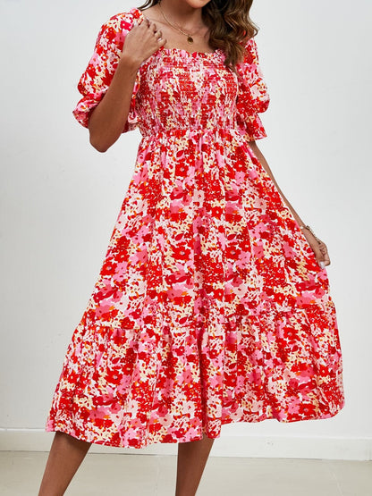 Smocked Floral Square Neck Short Sleeve Dress.