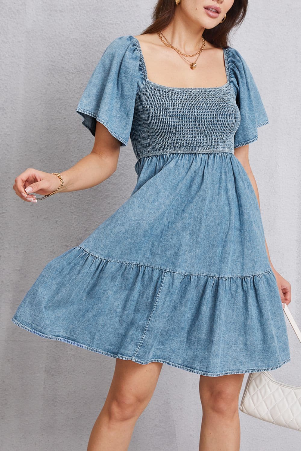 Smocked Square Neck Mini Denim Dress.