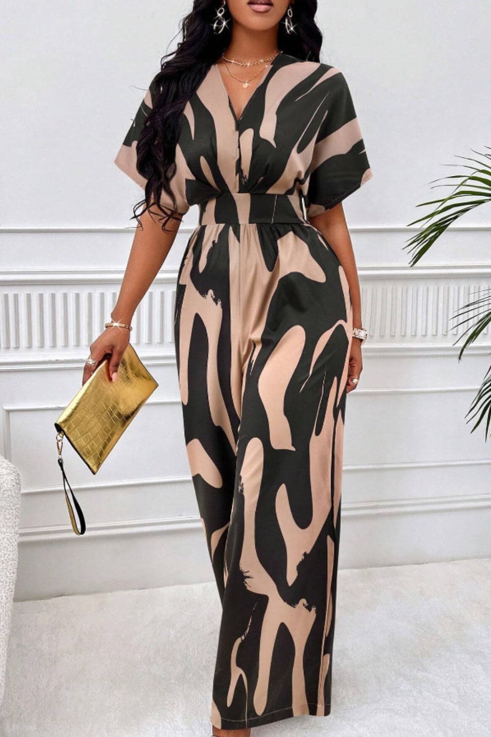 Printed V-Neck Short Sleeve Wide Leg Jumpsuit.