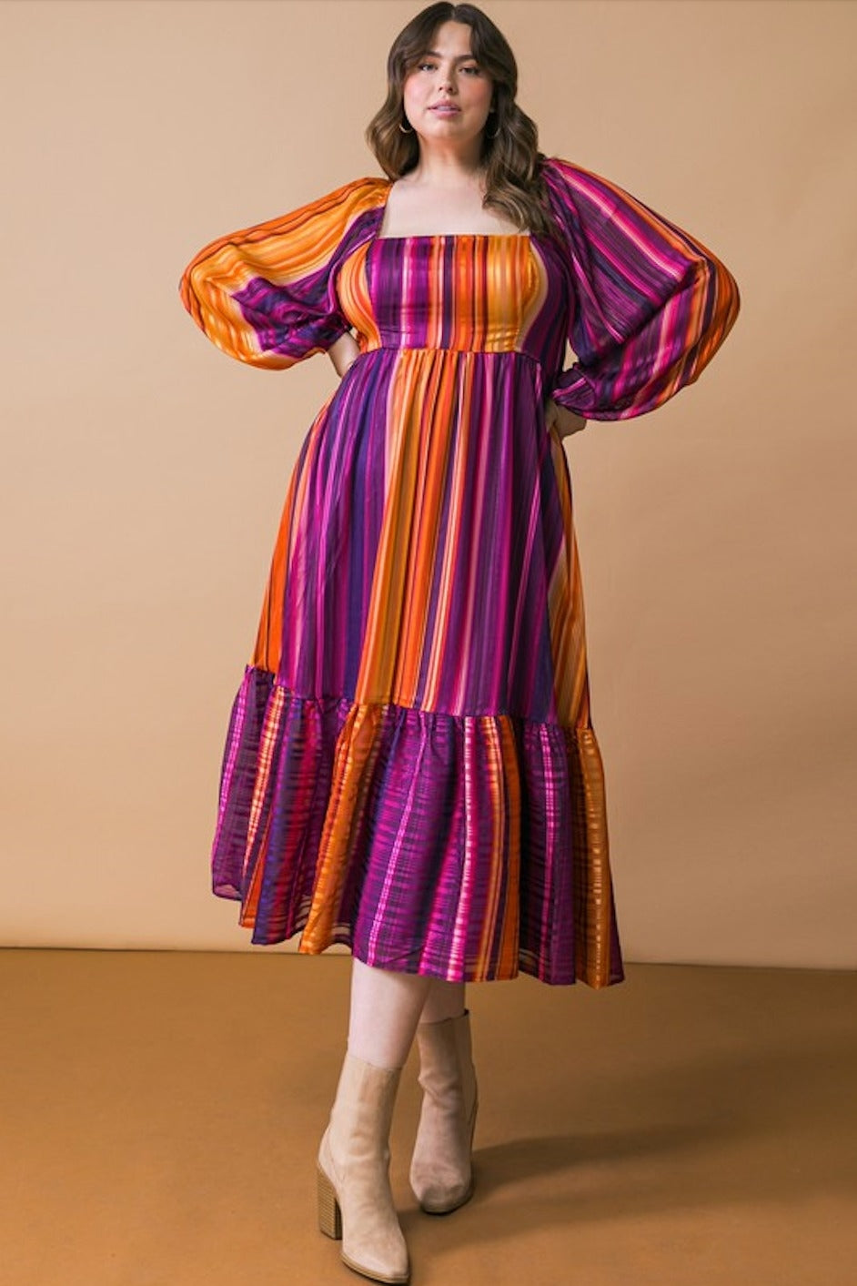 PinkBlush Plum Striped Metallic Yarn Plus Midi Dress - Main Product Image