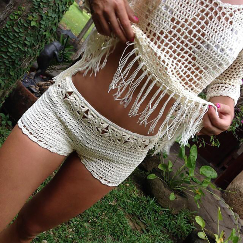 Handmade Beach Solid Color Short Swimming Trunks Sexy Cutout Hand Crocheting Cotton Sunscreen Bella Mia