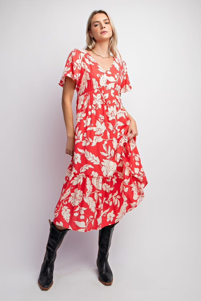 Red Tropical Print Ruffle Midi Dress PinkBlush