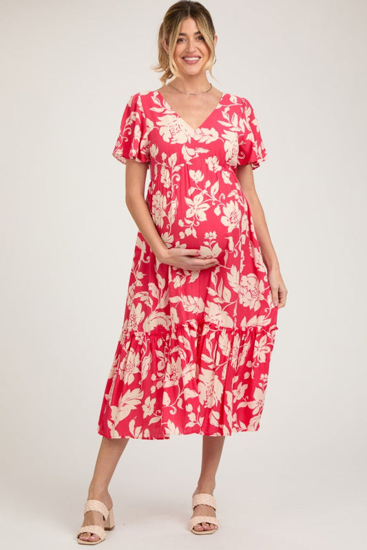 Red Tropical Print Ruffle Maternity Midi Dress PinkBlush
