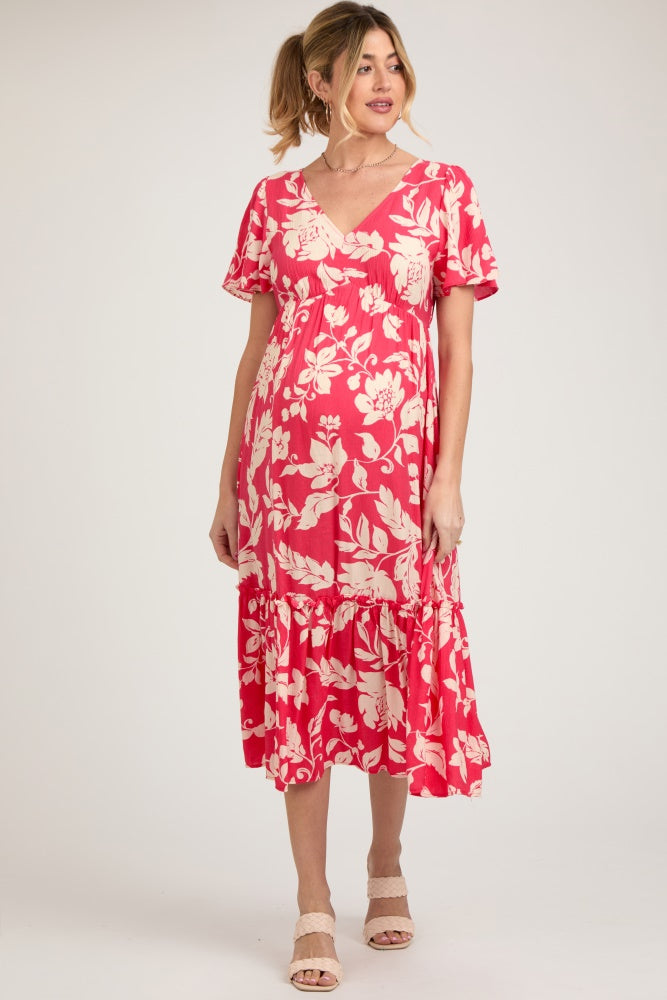 Red Tropical Print Ruffle Maternity Midi Dress PinkBlush
