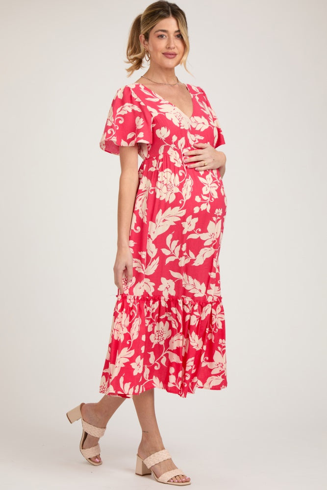 Red Tropical Print Ruffle Maternity Midi Dress PinkBlush