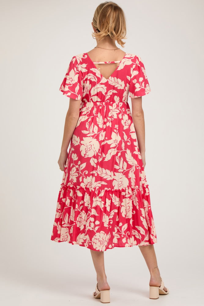 Red Tropical Print Ruffle Maternity Midi Dress PinkBlush