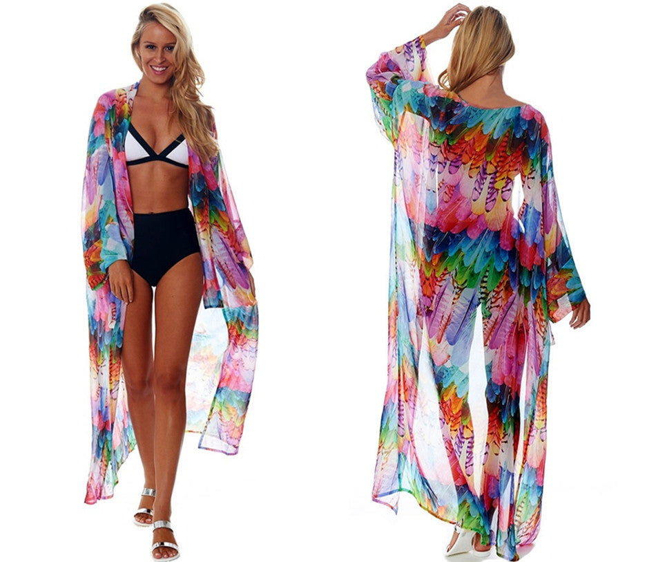 Beach Cover up Chiffon Colorful Feather Print Sun Protection Shirt Sexy Cardigan Loose Beach Cover Up Bella Mia