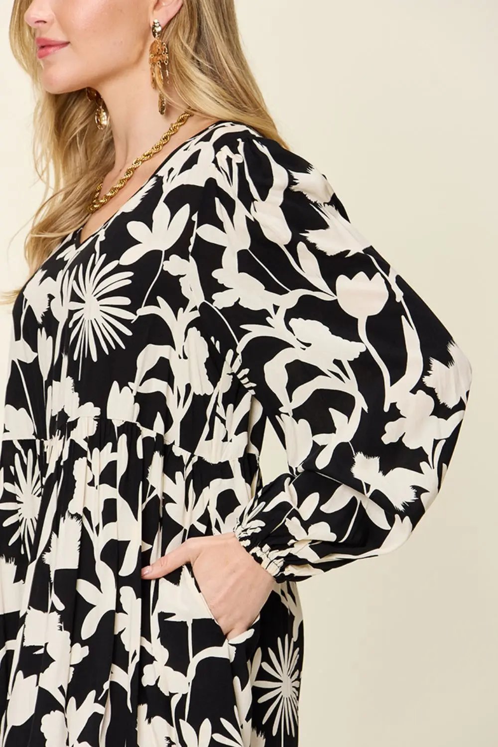 Double Take Full Size Printed Ruffle Hem Long Sleeve Dress - Love Salve