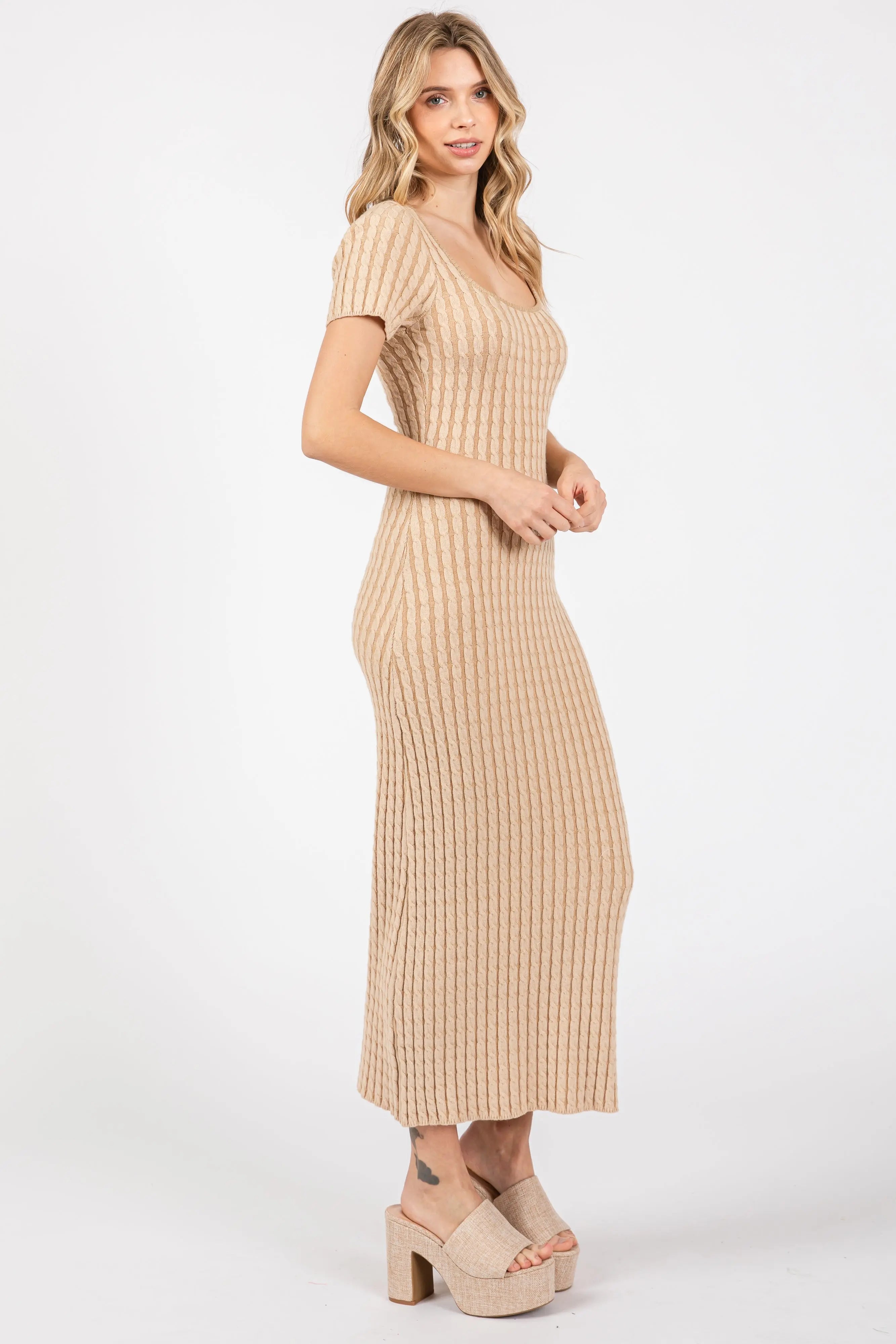 Beige Cable Knit Midi Sweater Dress With Scoop Neck Short Sleeves PinkBlush