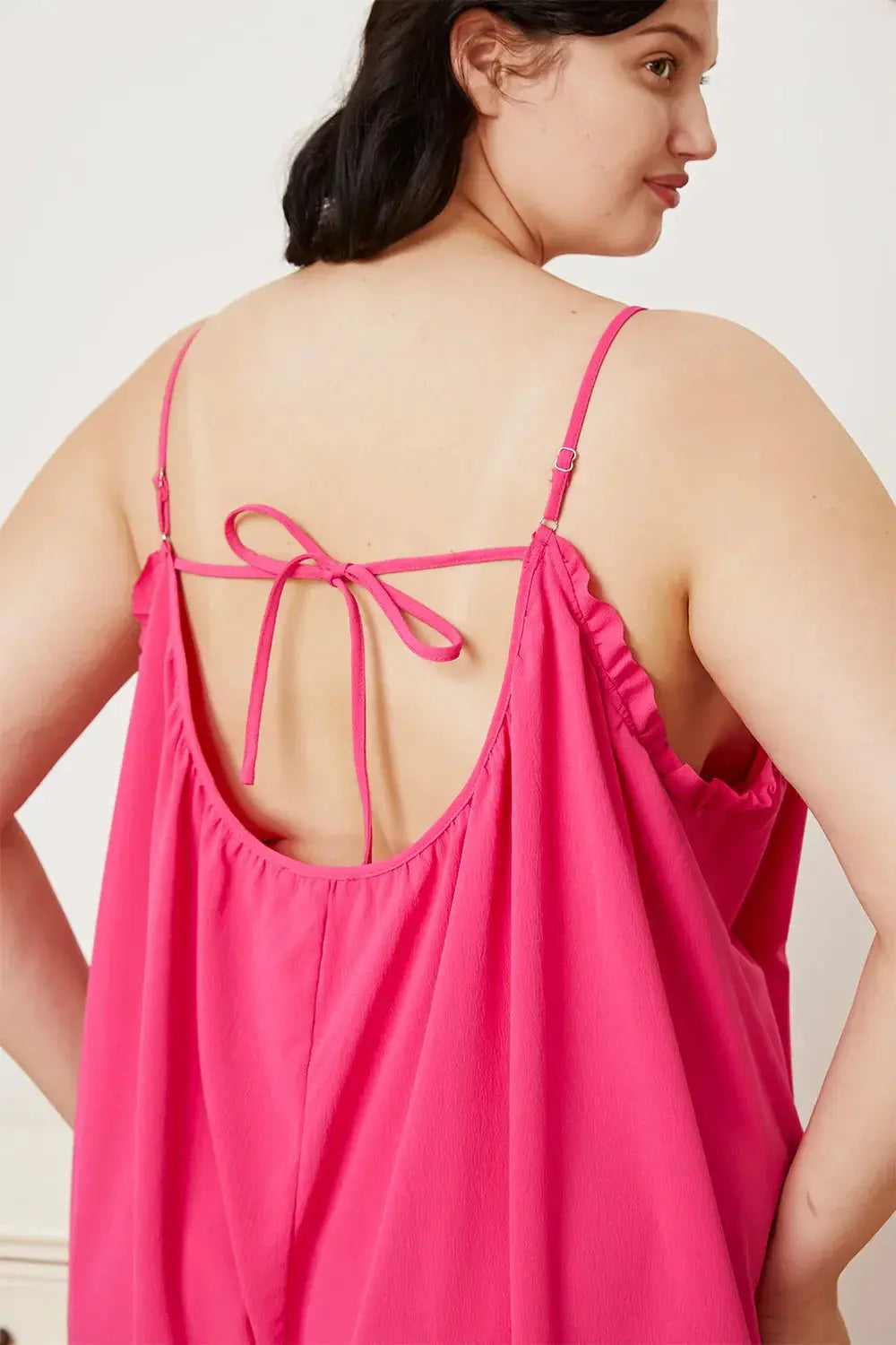 Double Take Full Size Ruffle Trim Tie Back Cami Jumpsuit with Pockets - Love Salve