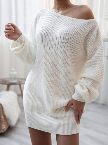 Balloon Sleeve Boat Neck Sweater Mini Dress.