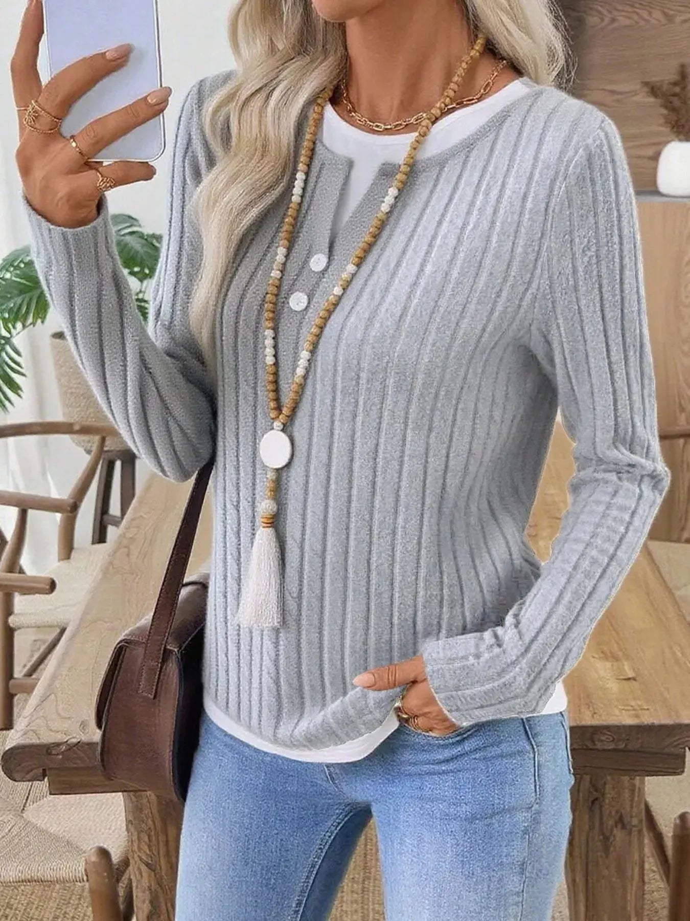 Ribbed Knit Long Sleeve Henley T-Shirt Simply Love