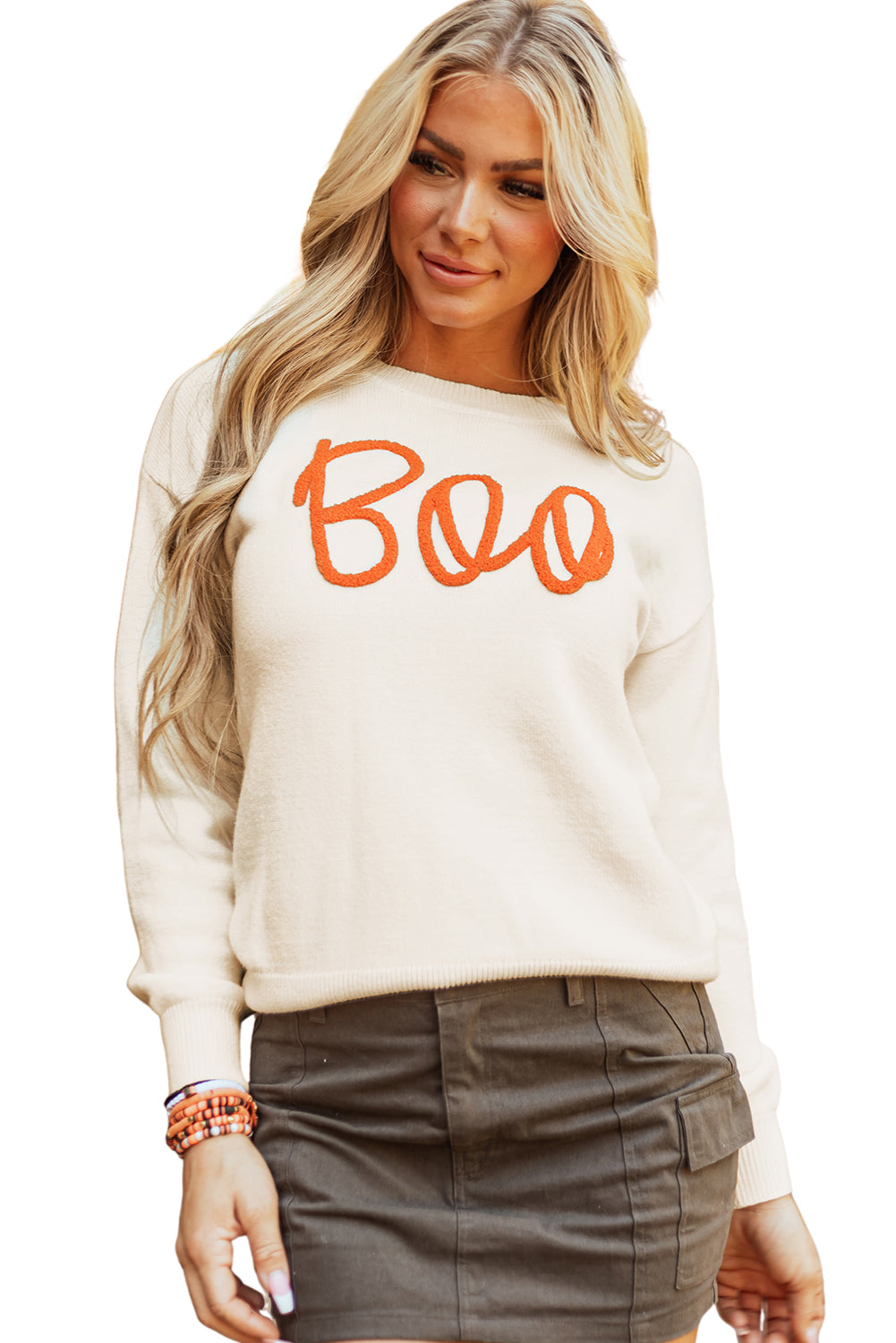 Cozy apricot "Boo" ribbed edge drop shoulder sweater