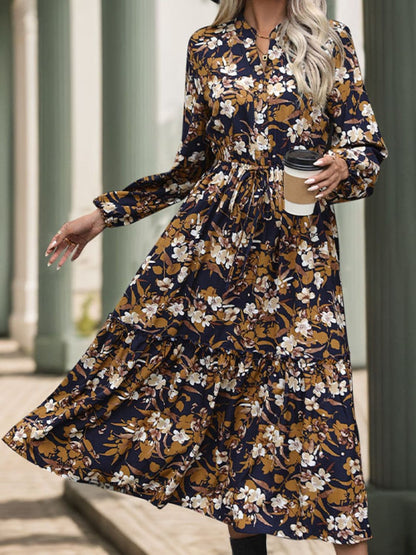 Chic Perfee notched long sleeve midi dress with printed design