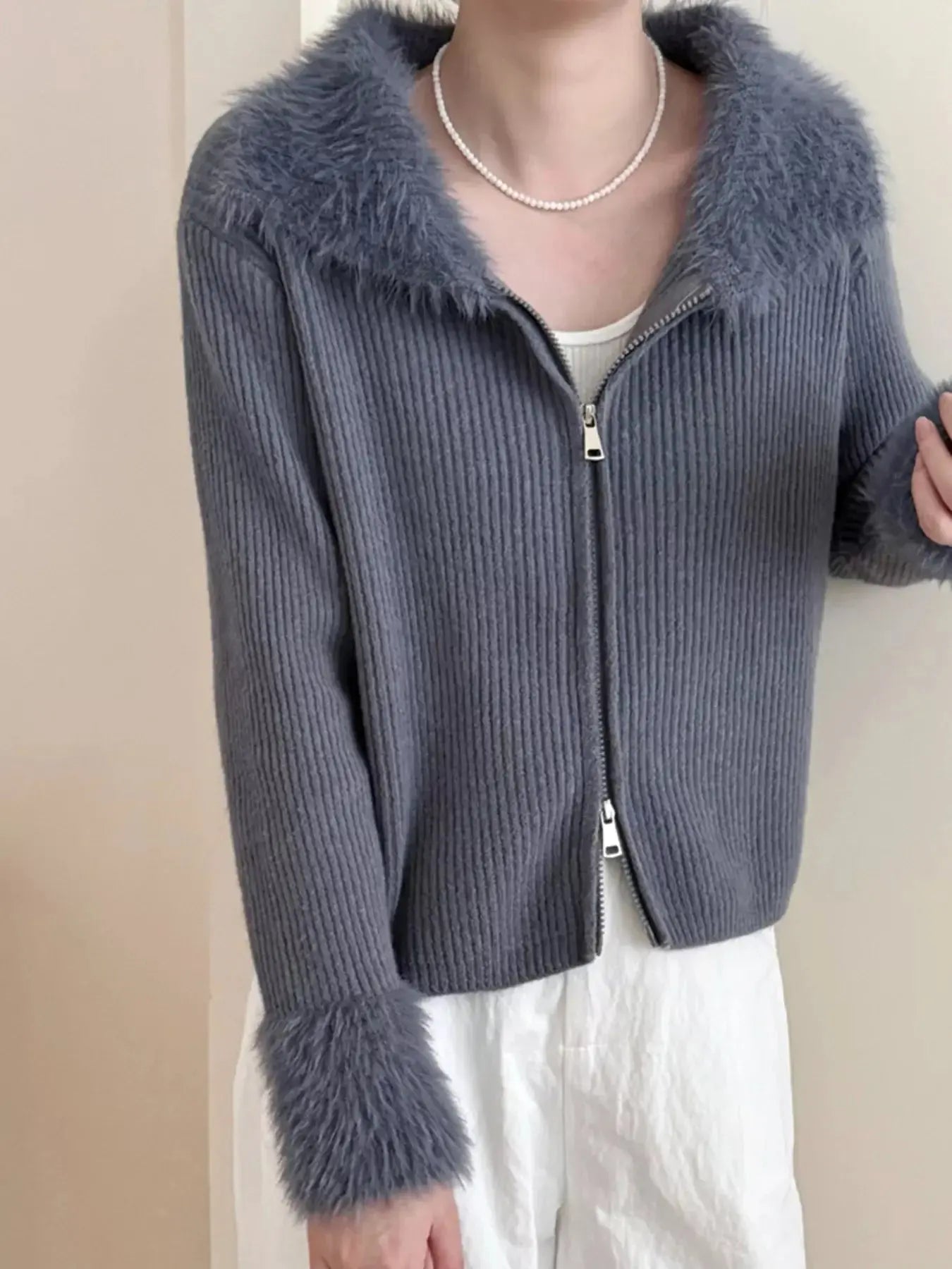 Fluffy Trim Zip-Up Cardigan Simply Love