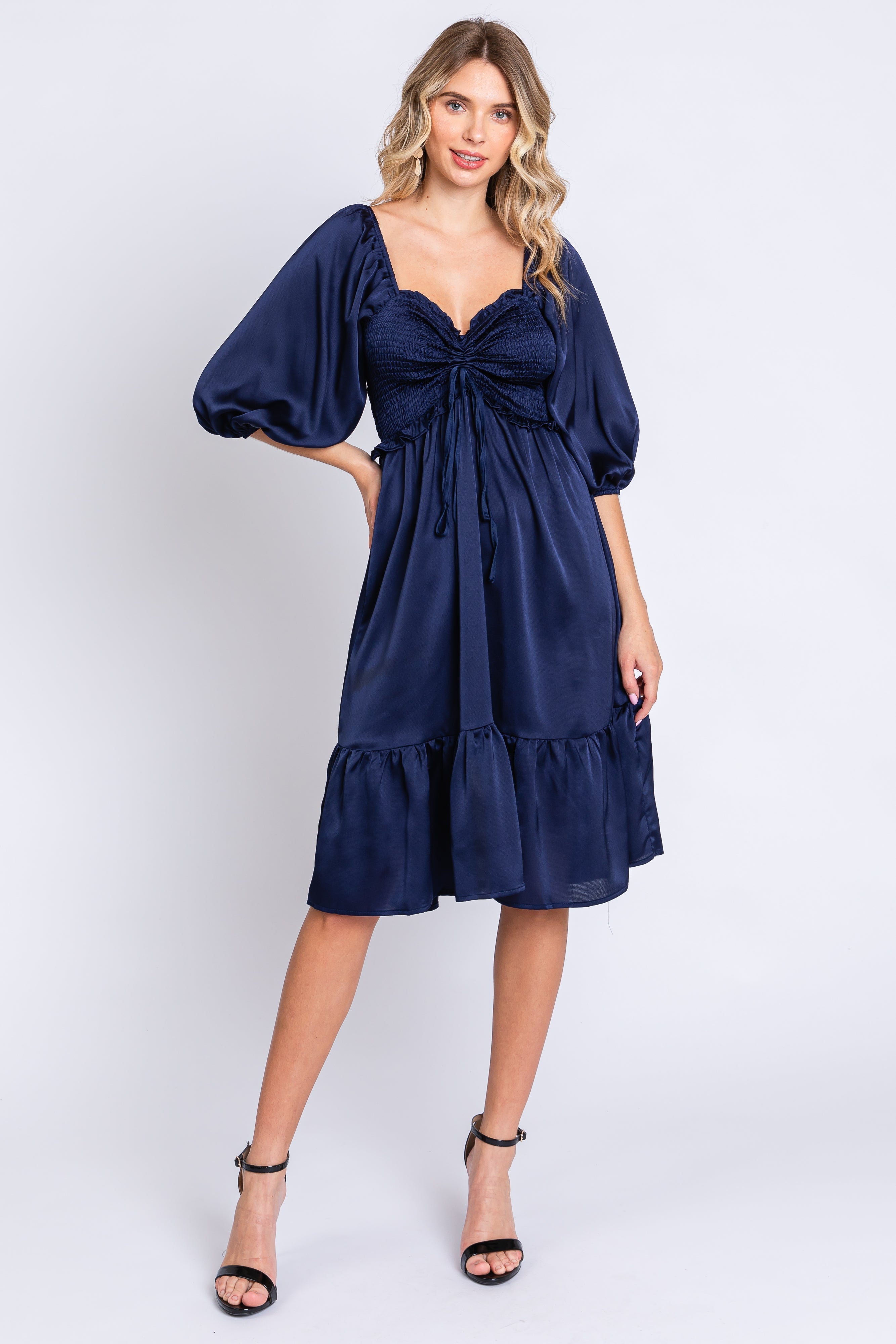Navy Satin Smocked Ruffle Hem Dress PinkBlush
