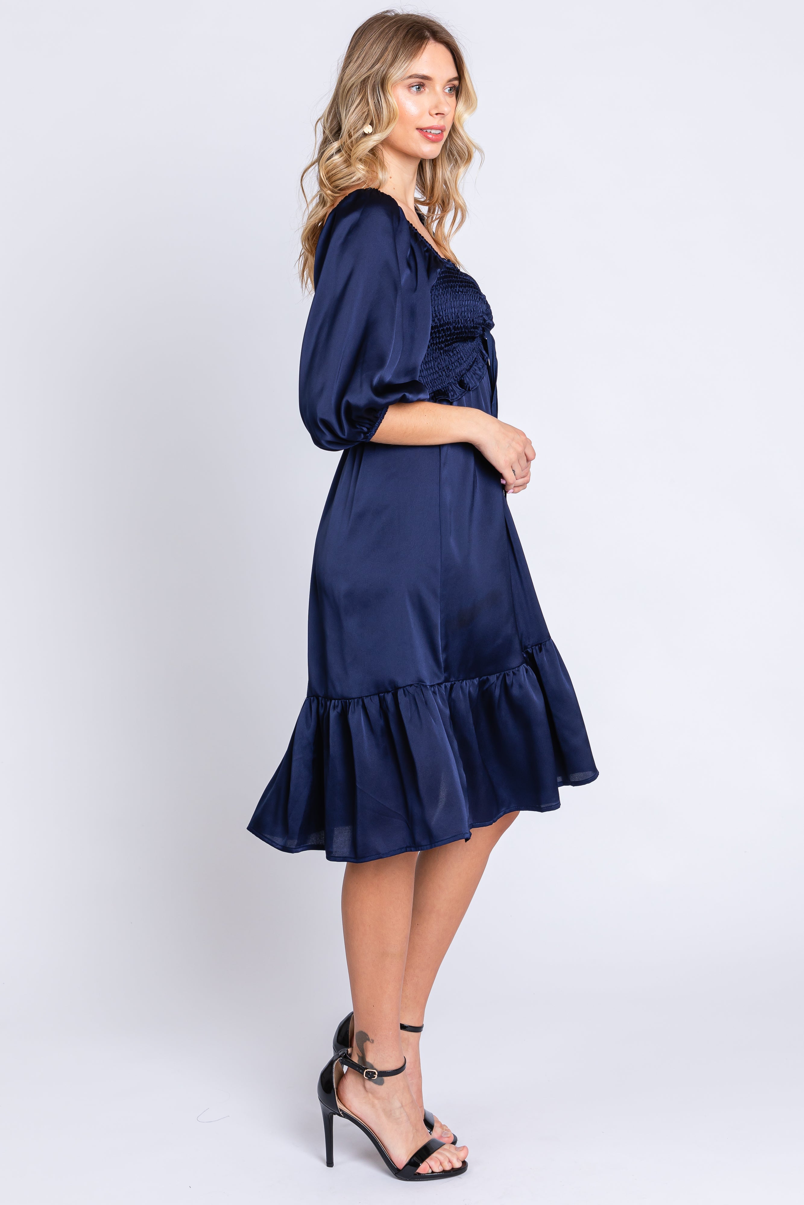 Navy Satin Smocked Ruffle Hem Dress PinkBlush