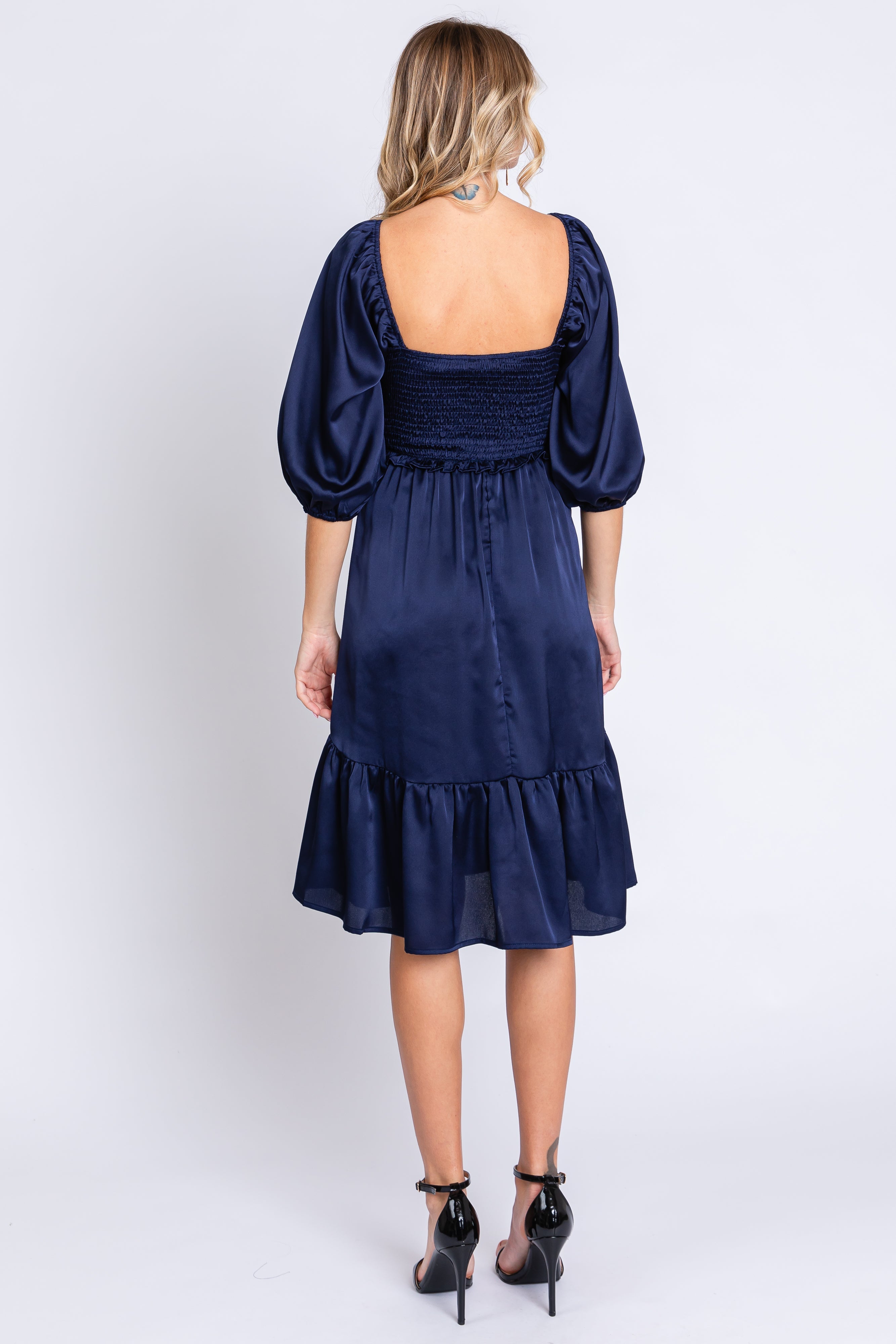Navy Satin Smocked Ruffle Hem Dress PinkBlush