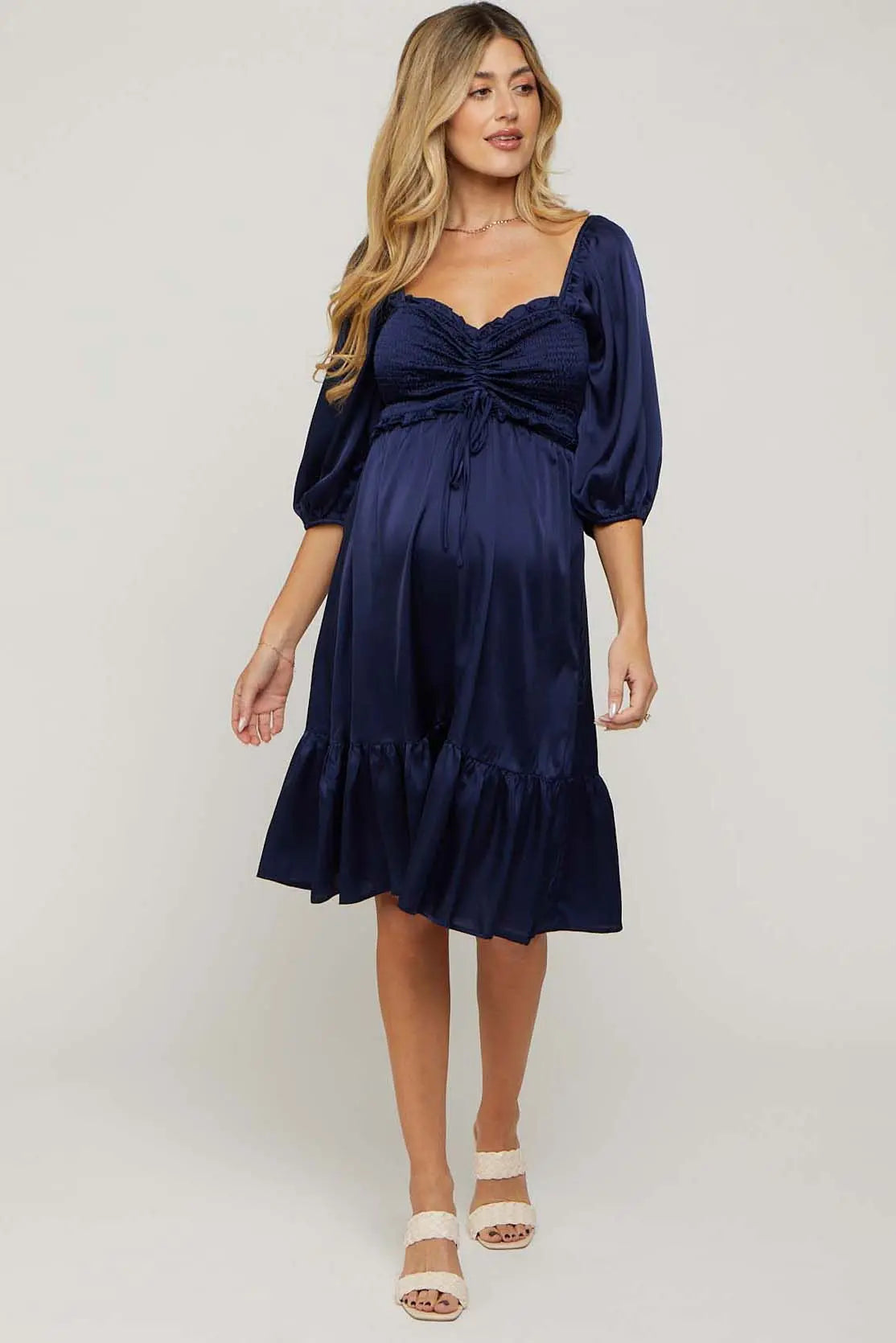 Navy Satin Smocked Ruffle Hem Maternity Dress PinkBlush