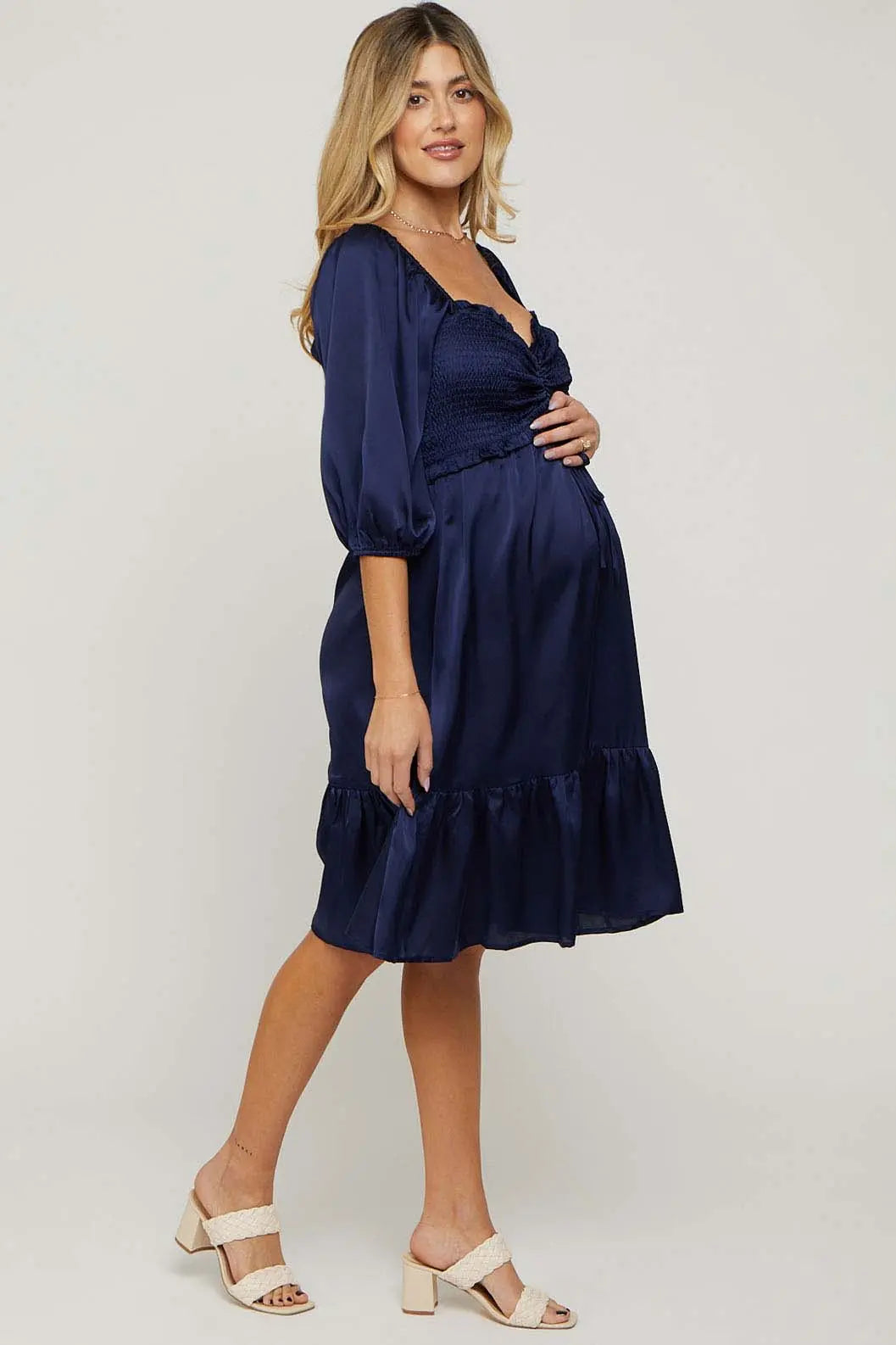 Navy Satin Smocked Ruffle Hem Maternity Dress PinkBlush