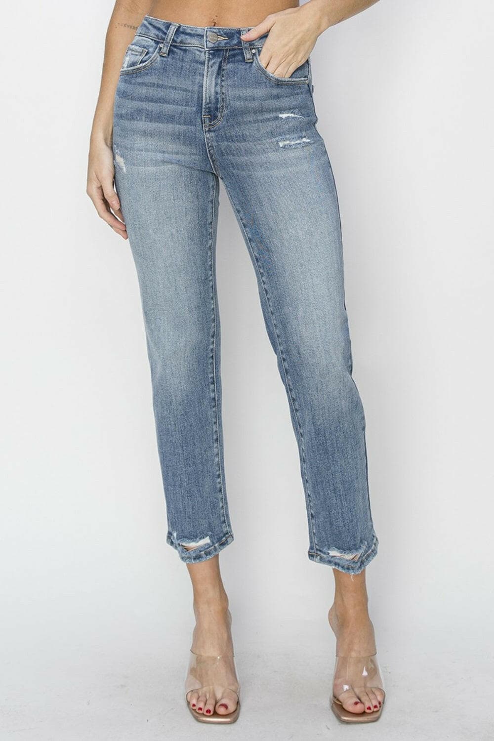 RISEN Full Size High Waist Distressed Cropped Jeans.