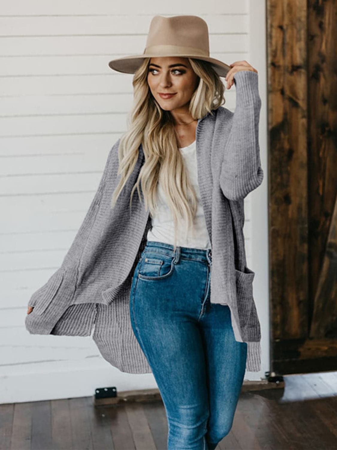 High-Low Open Front Cardigan with Pockets.