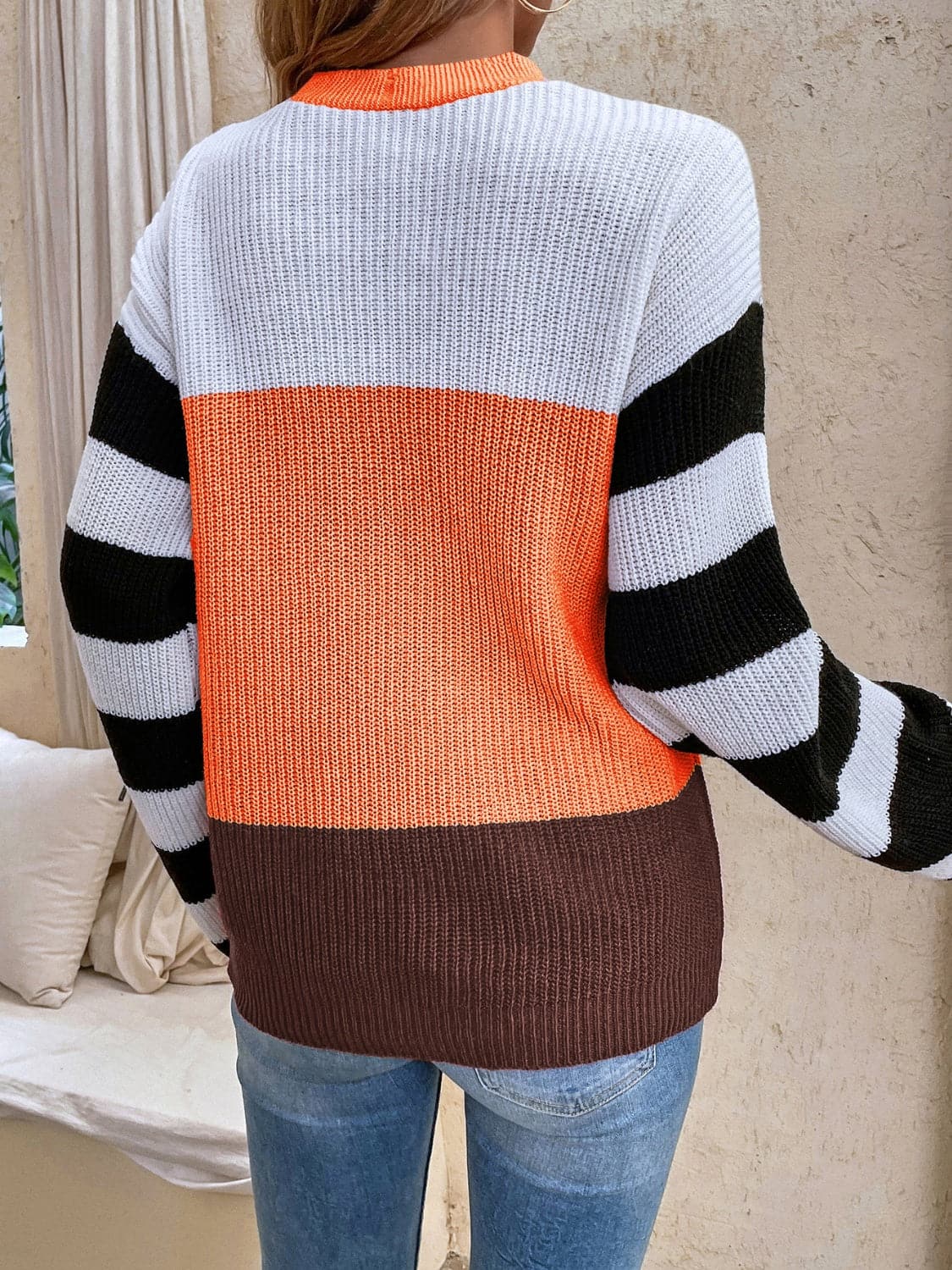 Color Block Tied Dropped Shoulder Sweater.