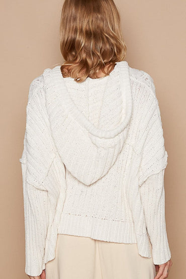 Cozy cable knit hooded sweater with rib weave sleeves