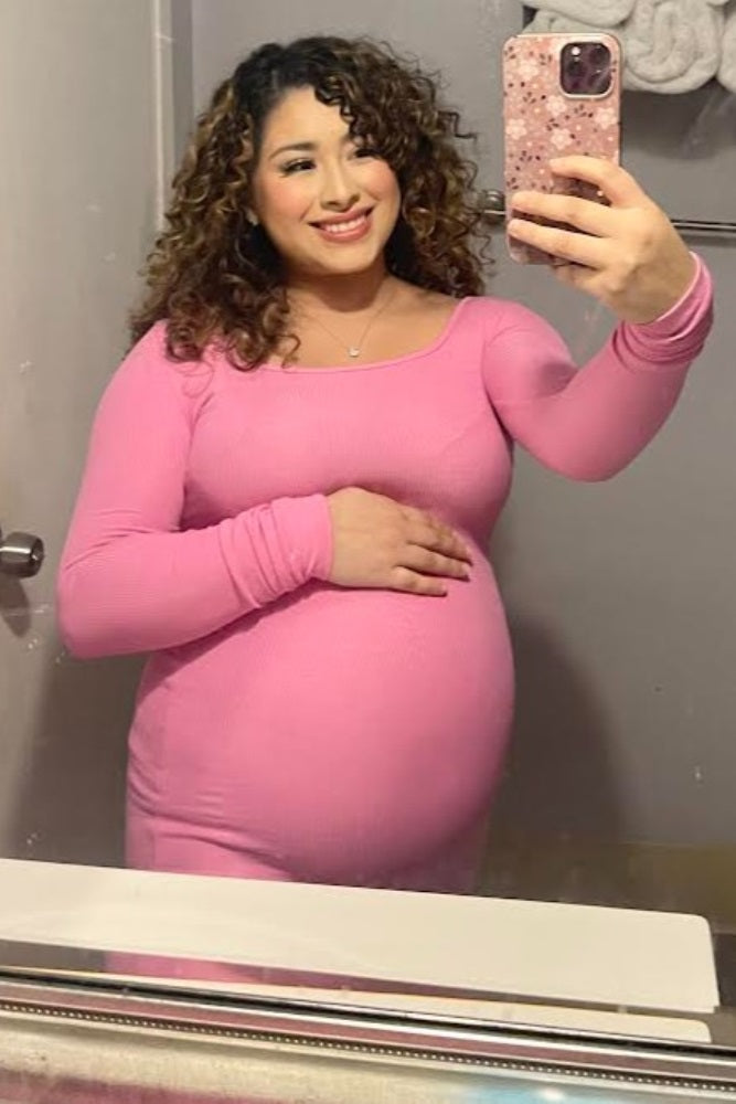 Pink Ribbed Long Sleeve Square Neck Maternity Maxi Dress PinkBlush