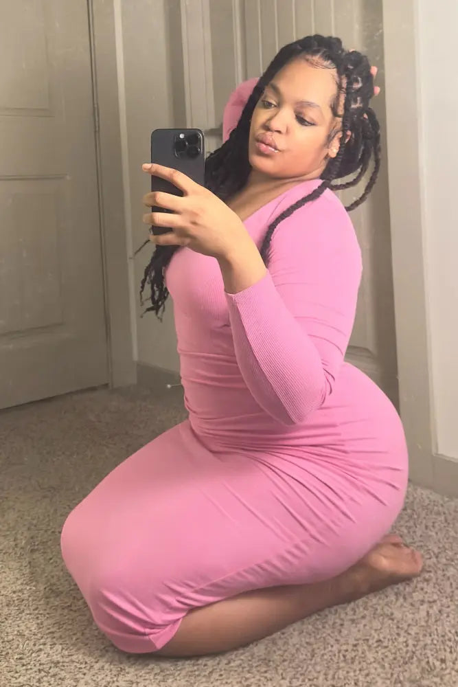 Pink Ribbed Long Sleeve Square Neck Maxi Dress PinkBlush