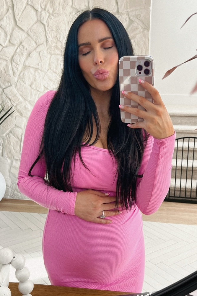 Pink Ribbed Long Sleeve Square Neck Maternity Maxi Dress PinkBlush