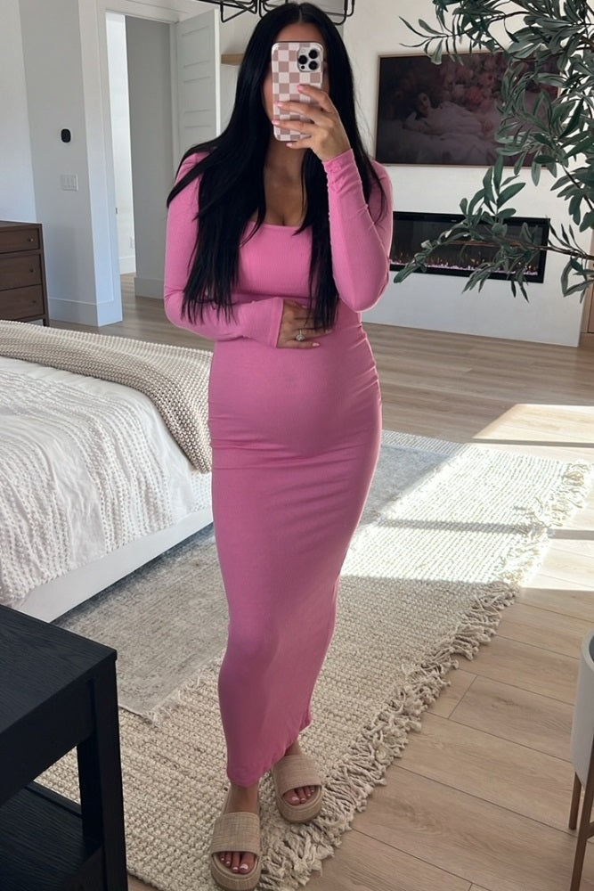 Pink Ribbed Long Sleeve Square Neck Maternity Maxi Dress PinkBlush