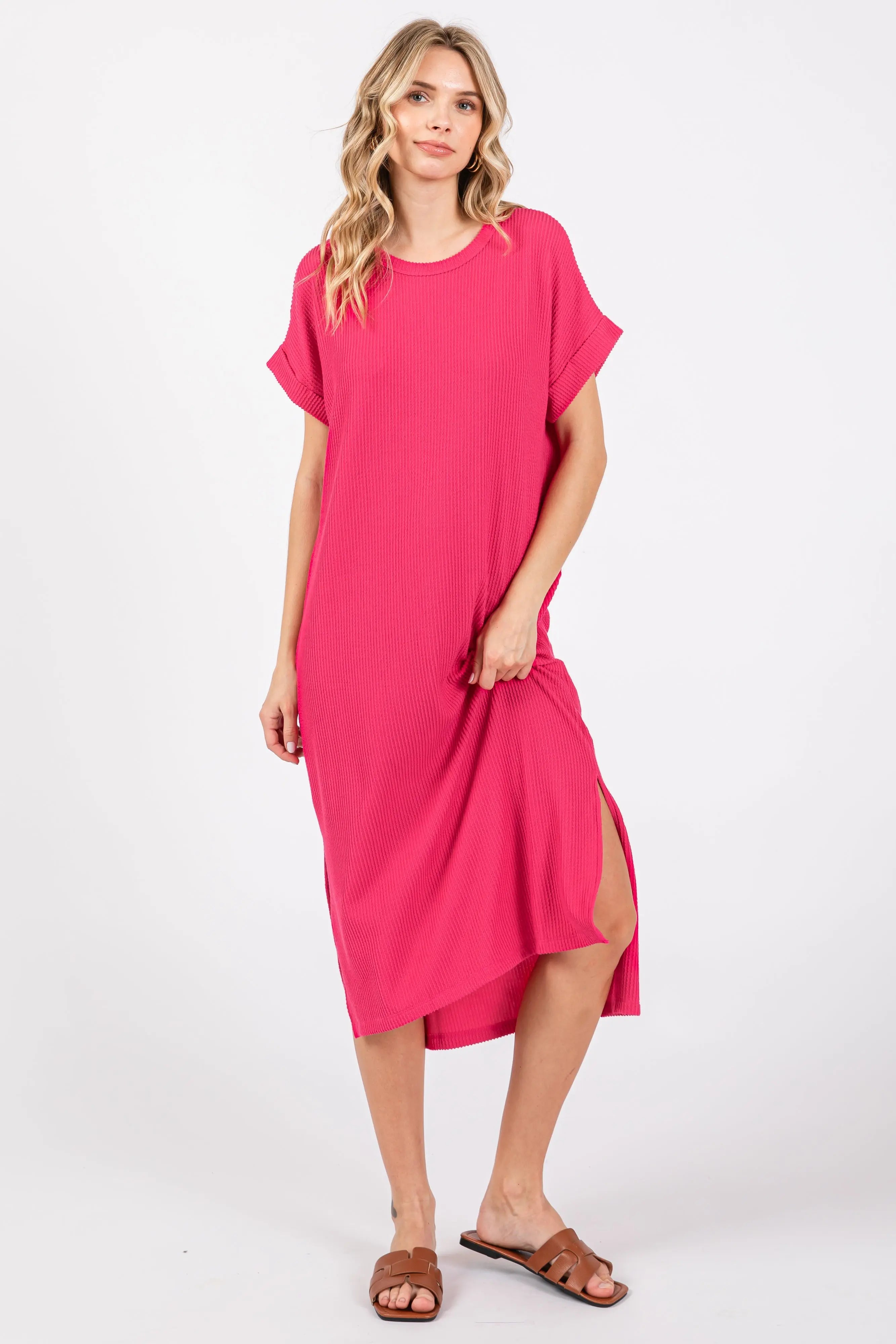 Fuchsia Ribbed Maternity Midi Dress With Short Sleeves PinkBlush