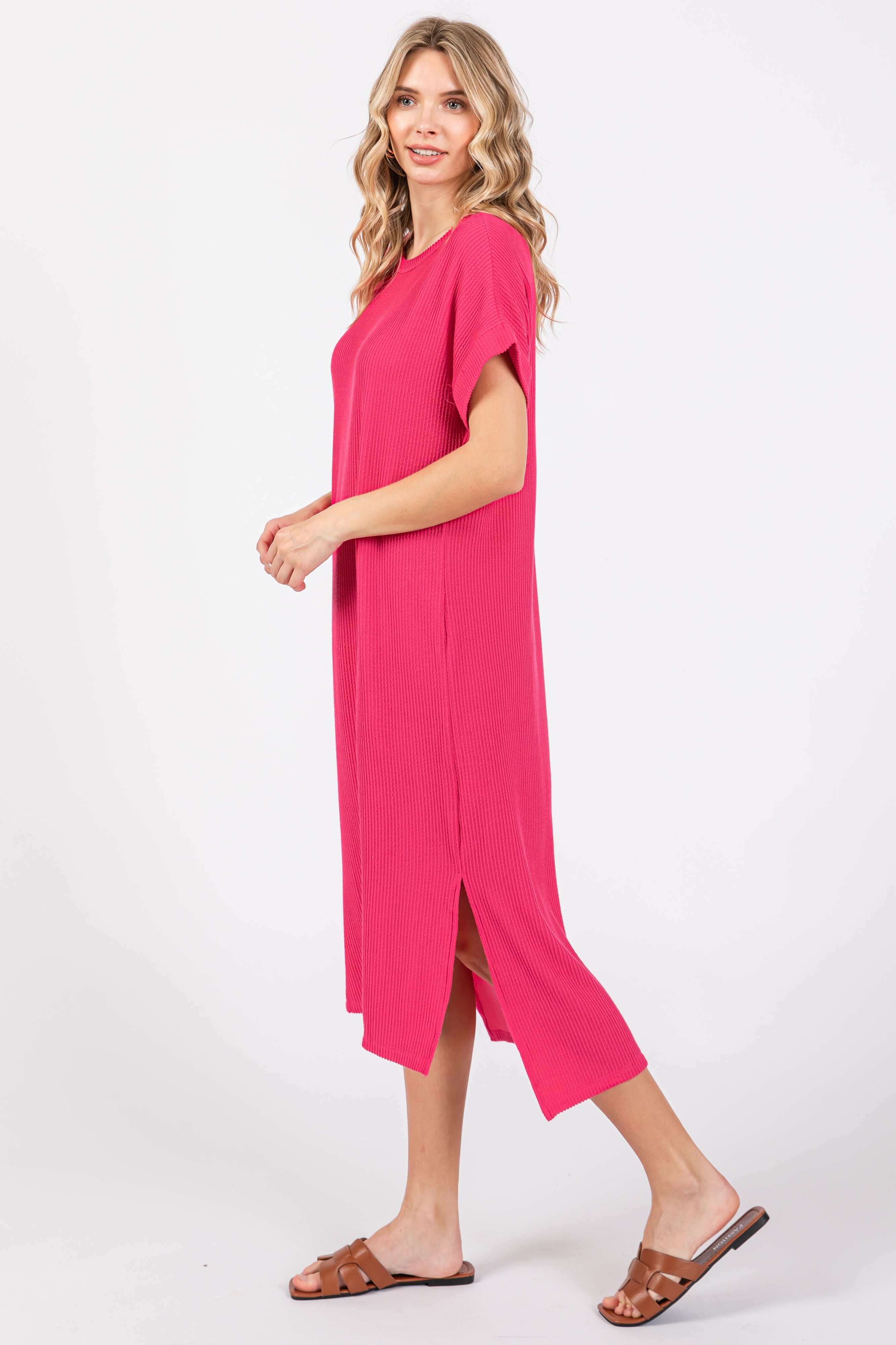 PinkBlush Fuchsia Ribbed Short Sleeve Midi Dress - Alternate Angle