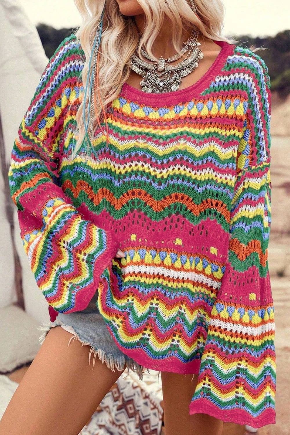 Openwork Round Neck Long Sleeve Knit Top.