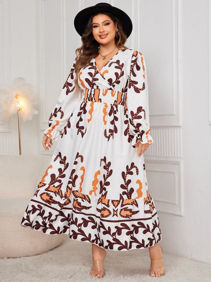 Plus Size Printed Surplice Flounce Sleeve Dress.