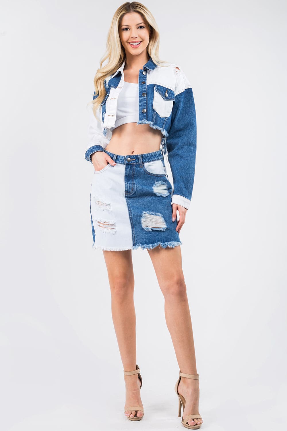 American Bazi Contrast Patched Frayed Denim Distressed Skirts.