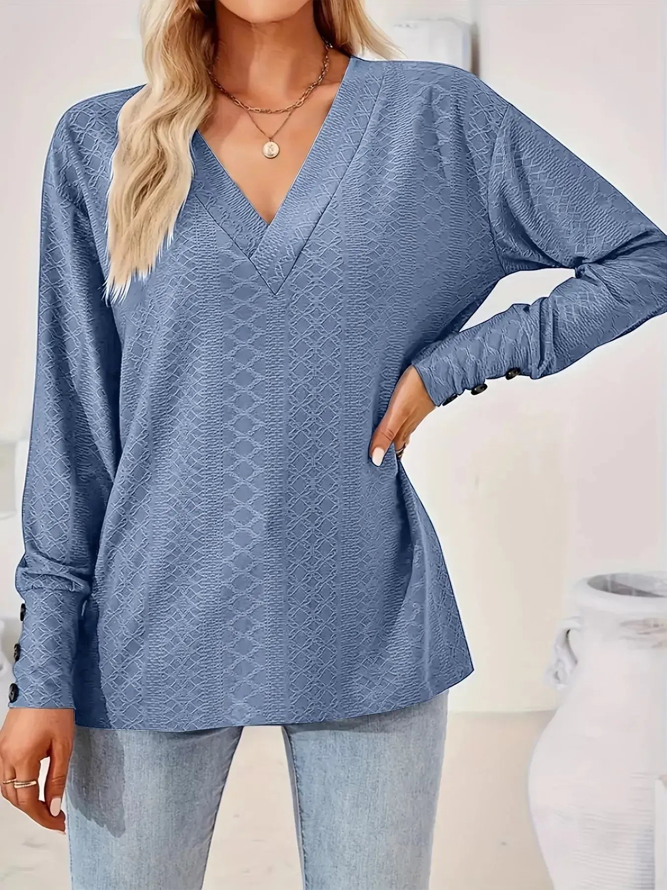 Plus Size V-Neck Textured Long Sleeve T-Shirt Simply Love