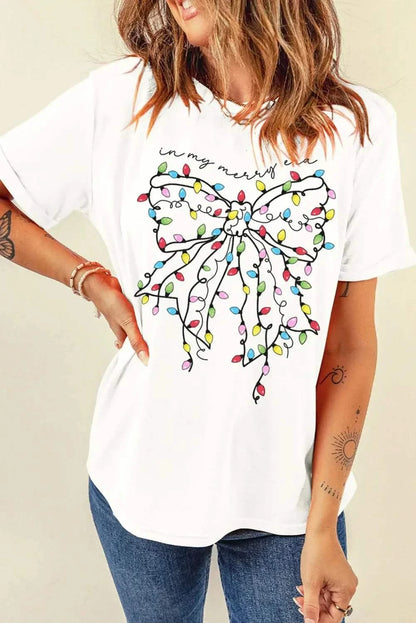 Women's full-size white T-shirt with round neck, short sleeves, and colorful bow design.