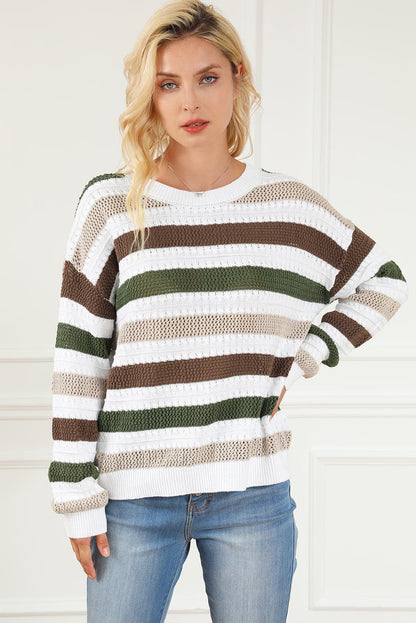 Striped Openwork Dropped Shoulder Sweater.