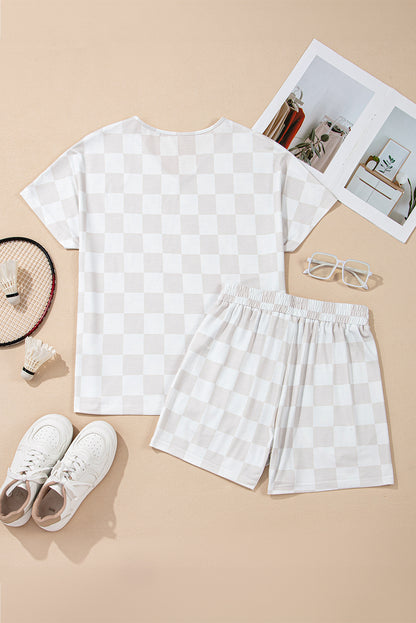 Beige Checkered V Neck Tee Drawstring Shorts Lounge Set for Women