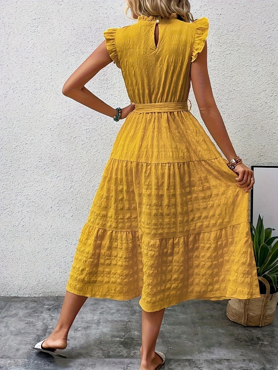 Tied Ruffled Cap Sleeve Midi Dress.