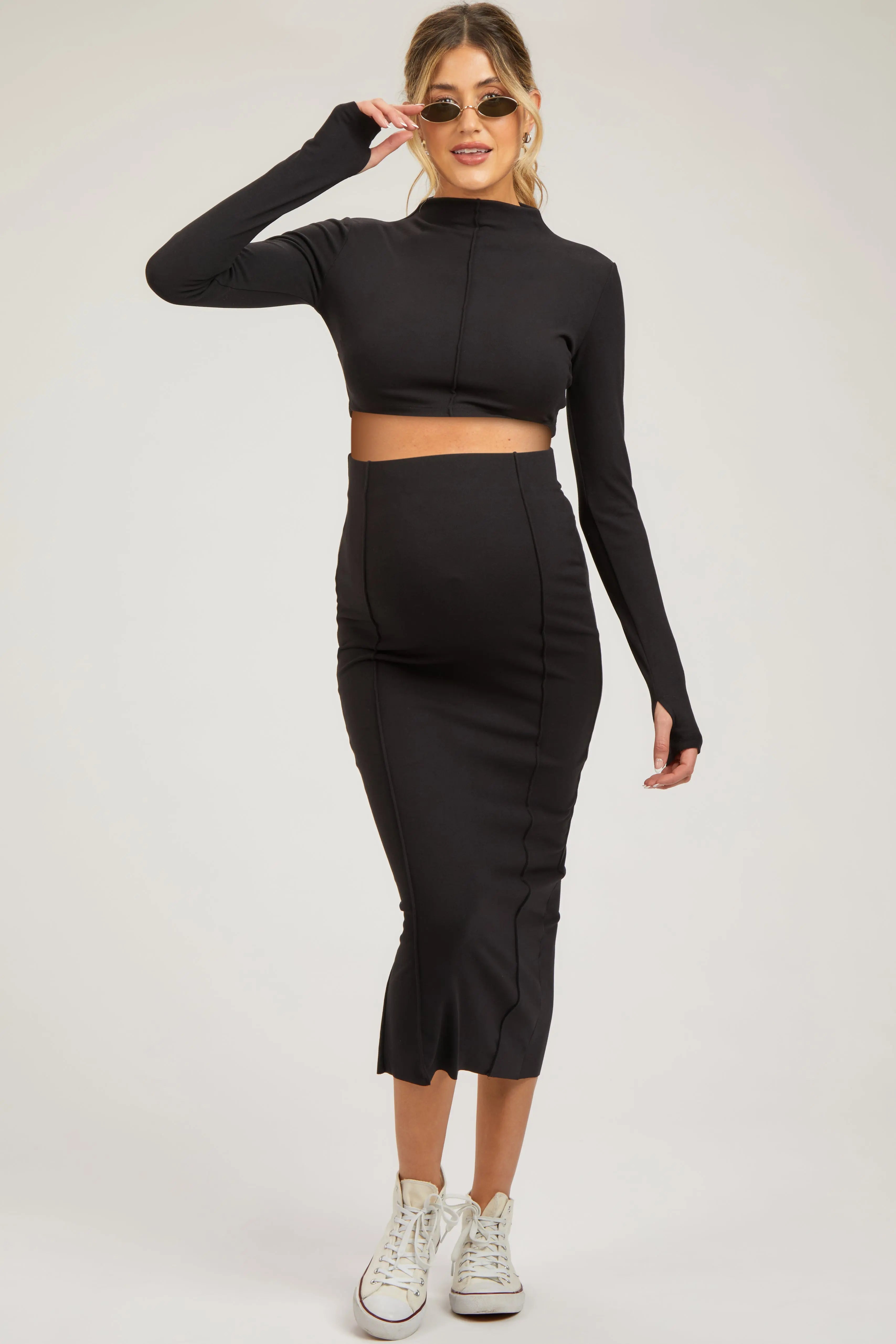Black Mock Neck Long Sleeve Crop Maternity Midi Skirt Set PinkBlush